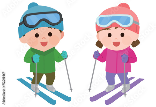 スキーを楽しむ男の子と女の子 イラスト
