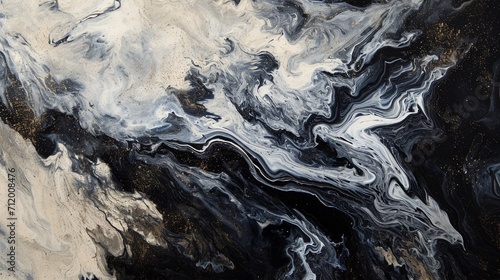 Abstract painting featuring a blend of black and silver liquid ink, creating a monochromatic storm effect. © Muhammad