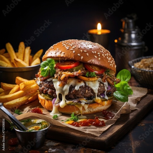 classic beef burger with melted cheese served with fries
