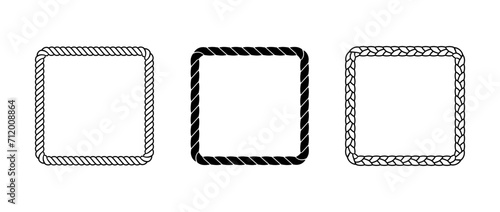 Rope frame set. Squared cord border collection. Rectangular rope loop pack. Chain, braid or plait border bundle. Square design elements for decor, banner, poster, booklet. Vector decoration frames