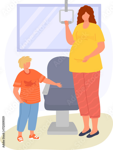 Pregnant woman with child at a medical checkup. Son touching ultrasound chair, expecting mother holding probe. Family at prenatal appointment vector illustration.