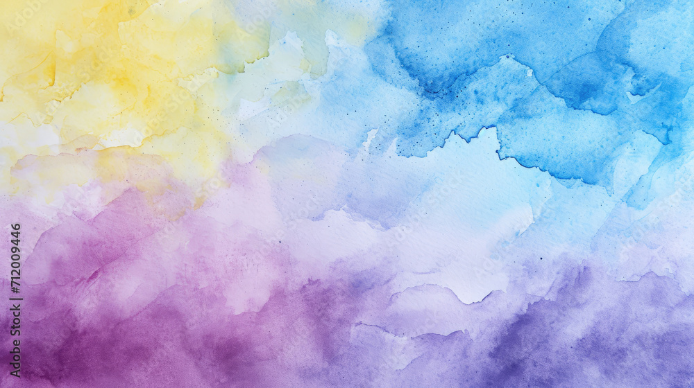 Abstract watercolor background on canvas with a dynamic mix of lavender, lemon yellow and sky blue