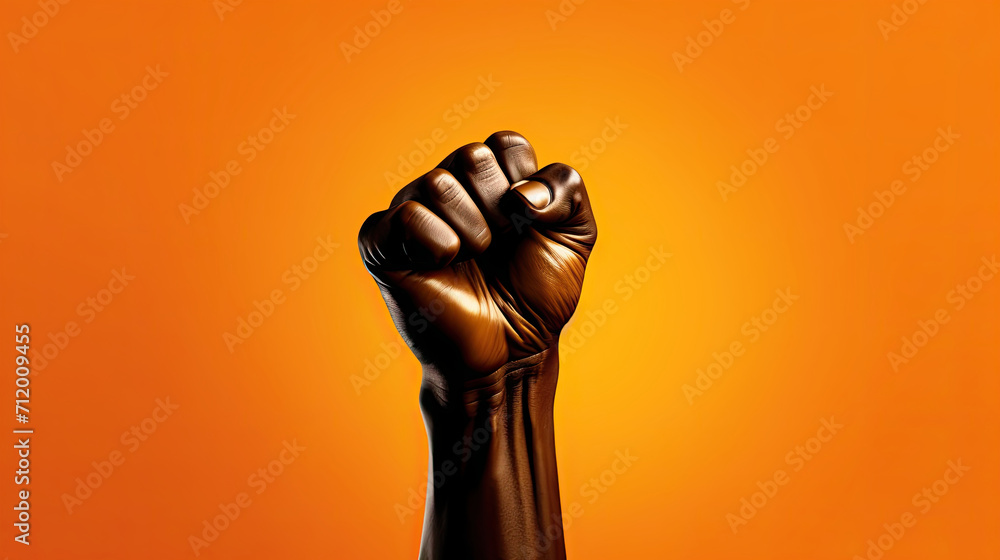 Raised Fist Hand on Vibrant Orange Background. Symbolizing Solidarity, Freedom, Equality, and Power, Black History Month Raised Fist Hand on Vibrant Orange Background. Symbolizing Solidarity, Freedom, Equality, and Power, Black History Month
