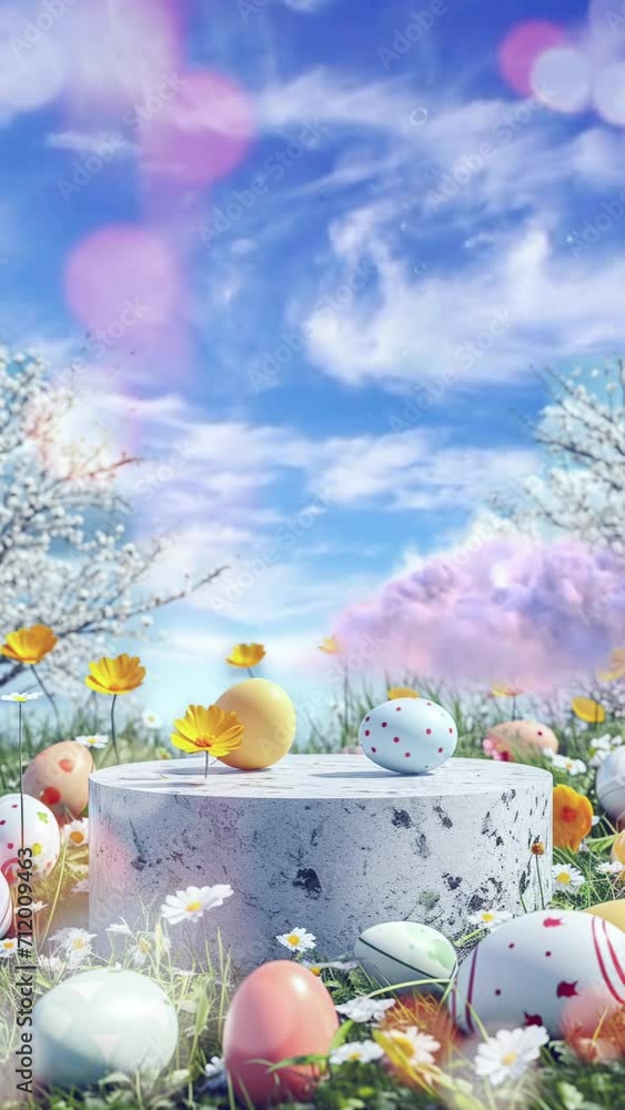 easter podium with painted eggs and spring meadow, looping vertical video easter podium with painted eggs and spring meadow, looping vertical video