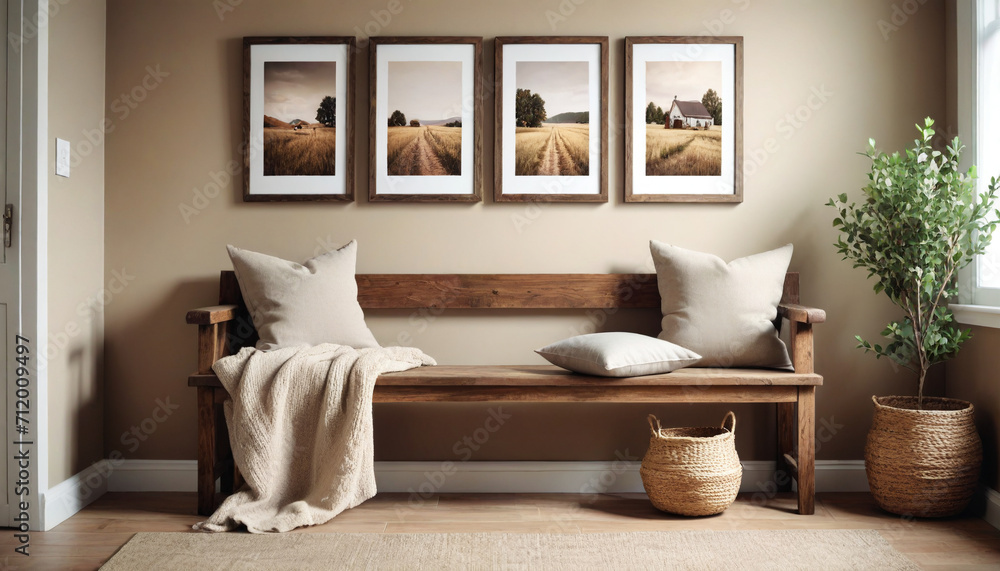 Fototapeta premium Wooden rustic bench with pillows against wall with two poster frames Country farmhouse interior design of modern home e style