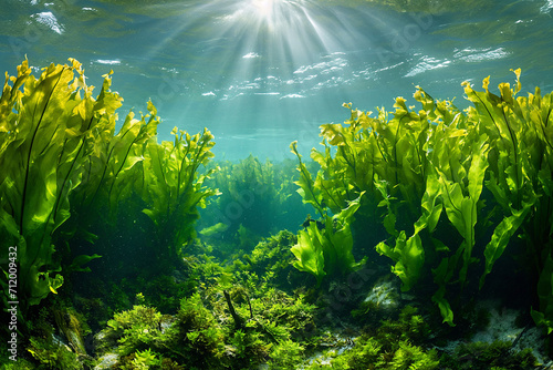 Underwater landscape Green Seaweed reef with algae, sea north, view in the cold sea ecosystem. photo