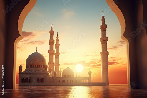 Ramadhan Mubarak, Beautiful Mosque Building in Evening View, Sunrise, and Blue Sky Masjid Background for Banner or Poster photo