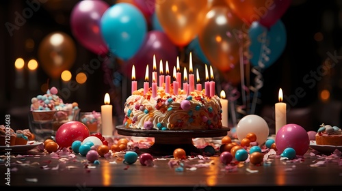 A festive birthday party scene with colorful balloons, streamers, and a beautifully decorated cake surrounded by excited guests. The table is adorned with party hats and confetti