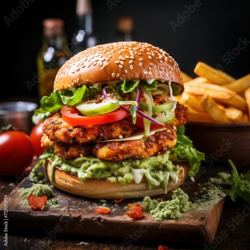 spicy chicken burger with fries