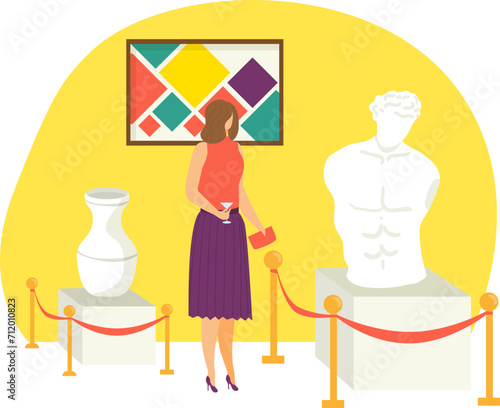 Woman standing in art gallery admiring abstract painting and classical sculpture. Art enthusiast visiting museum exhibition vector illustration.