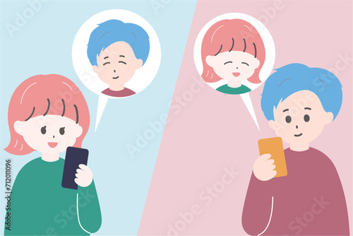 スマートフォンで連絡を取り合う男女　バイカラーの背景