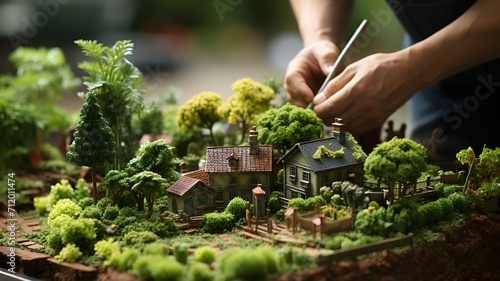 miniature green garden with a farmer