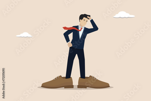 Work responsibility, mistake or problem concept, put right man in the right job, frustrated businessman trying to put too big shoes.
