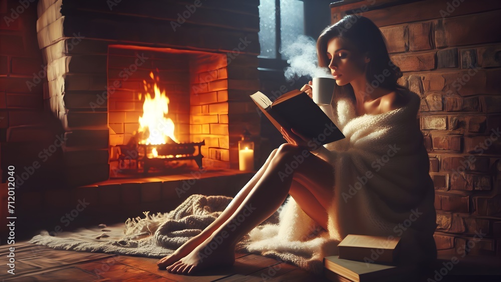 Fototapeta premium Woman Relaxing and Reading a Book by the Fireplace
