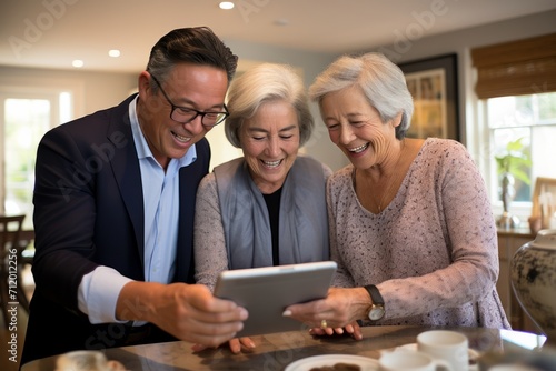 inancial advisor showing a presentation on a tablet to a mature couple, explaining different investment options, Generative AI photo