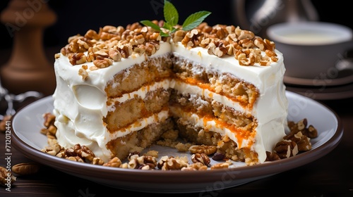A homemade carrot cake with cream cheese frosting, topped with crushed walnuts and a dusting of cinnamon