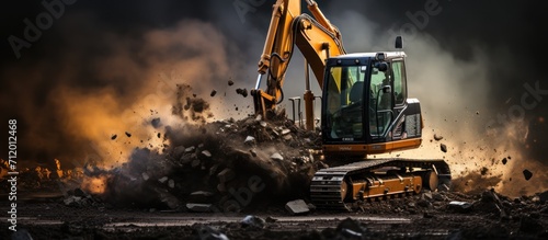 close up of Backhoe bucket working on old building demolition site photo