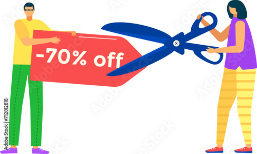 Man and woman holding giant scissors and cutting coupon with 70 off text. Concept of big sale and discounts, couple shopping. Colorful shopping promotion vector illustration.