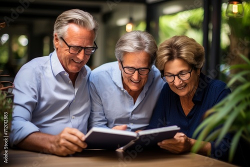 Mature couple reviewing their investment portfolio with their financial advisor during a friendly meeting, Generative AI