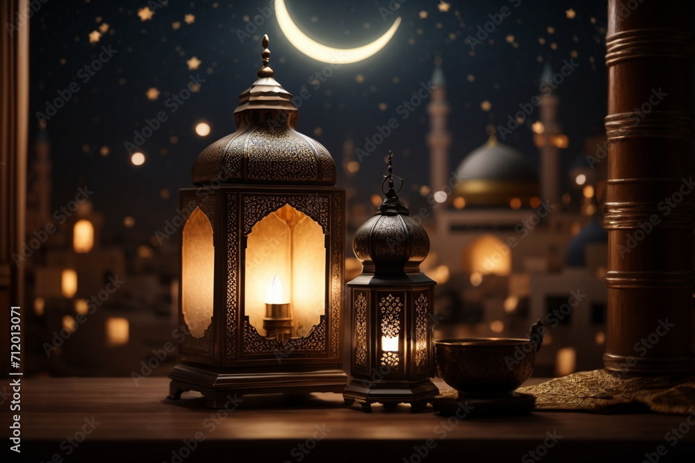 Obraz premium Ramadan background design with moon, mosque, leant 