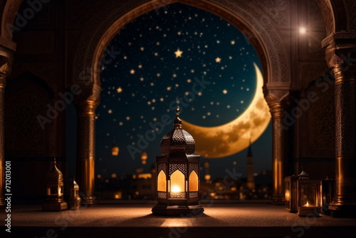 Ramadan background design with moon, mosque, leant 