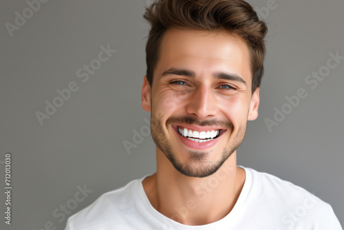 young man smiling with white teeth on grey background