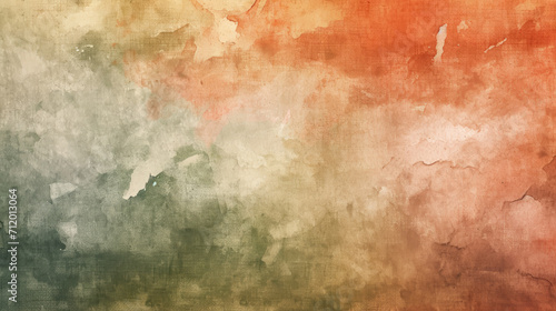 Abstract watercolor background on canvas with a dynamic mix of olive green, rust red and taupe