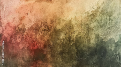 Abstract watercolor background on canvas with a dynamic mix of olive green, rust red and taupe