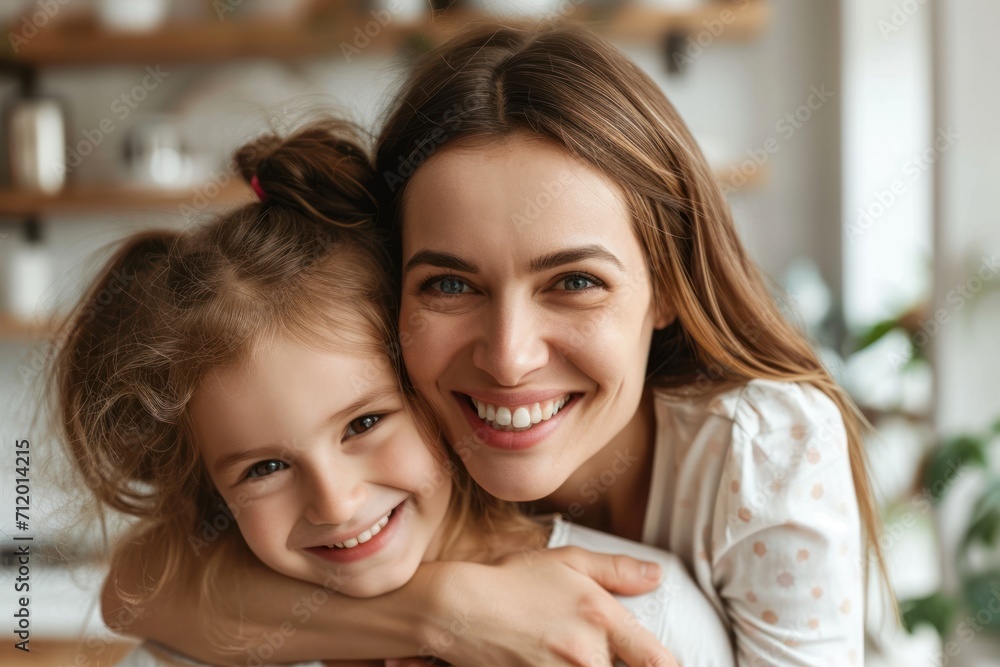 Happy smile mother embracing girl on shoulder at home Happy smile mother embracing girl on shoulder at home