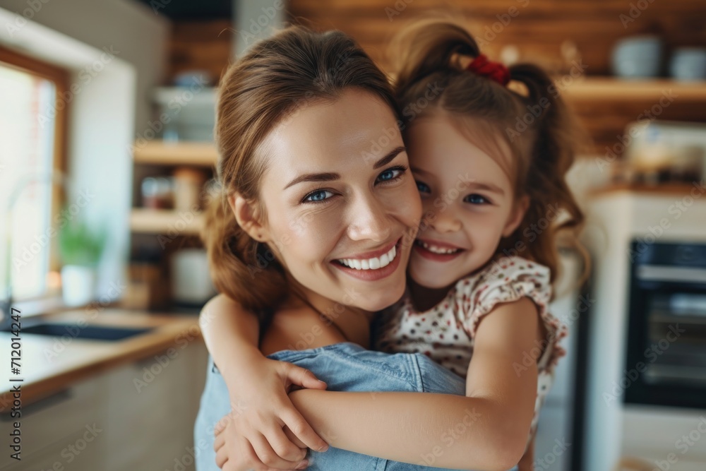 Happy smile mother embracing girl on shoulder at home Happy smile mother embracing girl on shoulder at home
