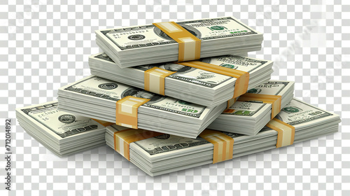 Money Pile of packs of hundred dollar bills stacks isolated on transparent background