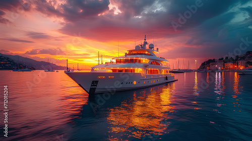 A slight futuristic very cozy luxury yacht at sunset, the dimmed lighting on the yacht is slightly amber color, all in all the atmosphere is very romantic.