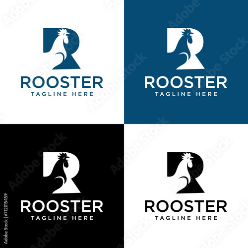 Monogram Combination of Initial Letter R with Chicken Head for Chicken Logo Design Vector. negative space letter R and chicken illustration logo