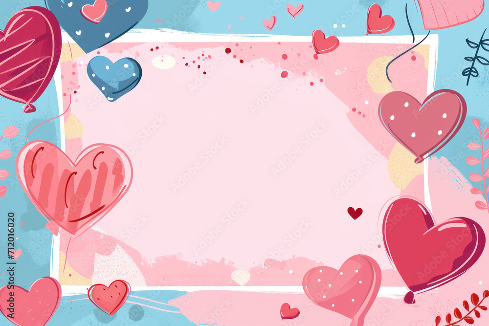 Hand drawn valentine day concept frame with heart and flower background.