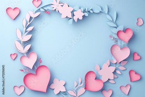 Paper cut style of valentine day concept frame with heart and flower background.