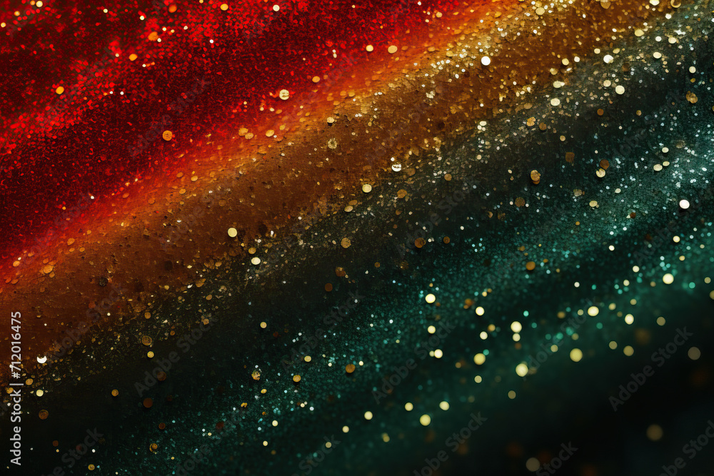 Abstract Glitter Sparkle Confetti Bokeh Background in Green, Yellow, and Red. Black History Month Concept
