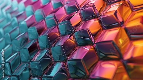 An abstract background featuring a 3D hexagonal hive structure in colorful tones.