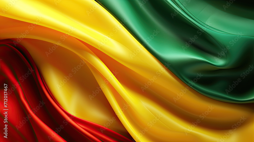 Abstract Colorful Silk Wave Fabric in Green, Yellow, and Red colors. Black History Month Concept Background - obrazy, fototapety, plakaty 