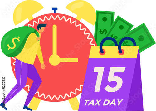 Person carrying money bag beside large clock and calendar marked tax day. Tax deadline concept, financial calendar reminder vector illustration.
