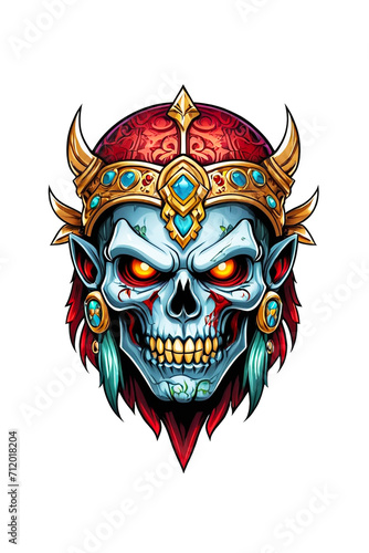 Zombie head soldier with crown isolated on white background