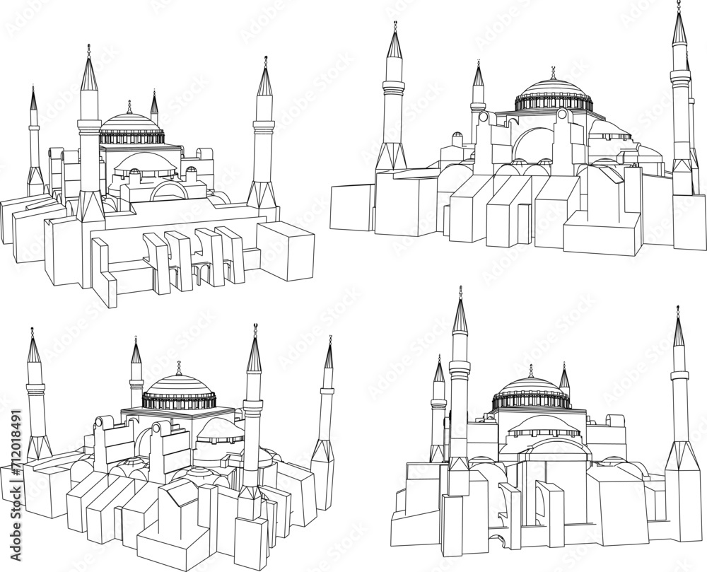 Vector sketch illustration mockup design of famous mosques in Türkiye - obrazy, fototapety, plakaty 