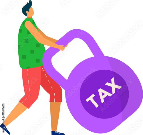 Person struggling to lift heavy weight labeled TAX. Financial burden concept highlighting tax stress and difficulty. Financial challenges and tax pressure vector illustration.