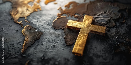 A three dimensional golden cross resting on a grey world map.