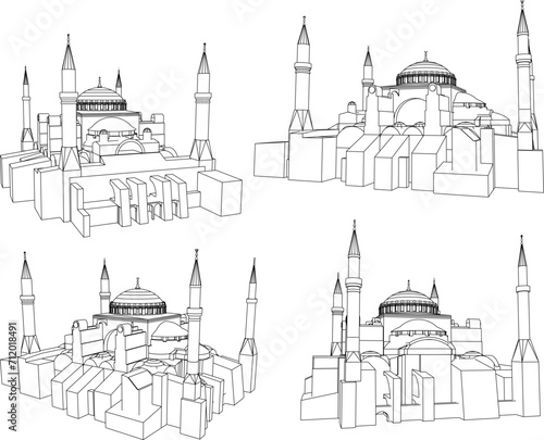 Vector sketch illustration mockup design of famous mosques in T  rkiye