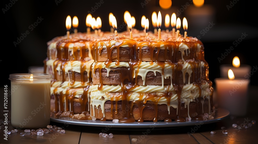 A mouthwatering caramel cake topped with caramel drizzle and forty candles, creating a warm and inviting ambiance