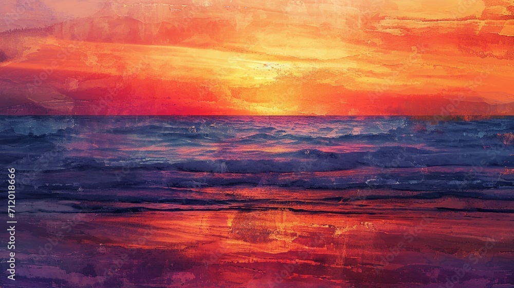 An abstract summer sunset at the beach, with layers of orange, purple, and pink, blending into each other like a warm, fading summer day