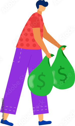 Young man carrying two large money bags with dollar signs. Casual male cartoon character with big earnings or savings. Wealthy lifestyle and financial success vector illustration.