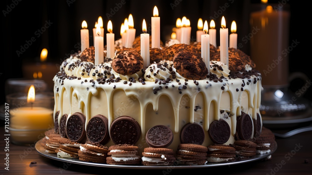 A mouthwatering cookies and cream cake with ninety-five candles, surrounded by cookie crumbs and chocolate decorations