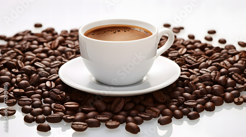 glass cup filled with coffee with coffee beans  isolated on white