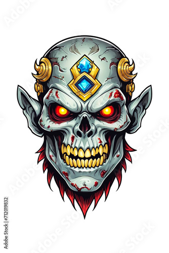 Zombie head soldier with crown isolated on white background